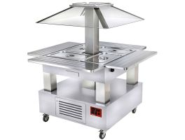 Eiland Buffet - Salad bar, gekoeld, gemotoriseerde koepel, 4x GN 1/1-150 (wit hout)