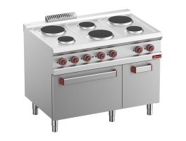 Elektrisch fornuis met 6 ronde platen, elektrische oven GN 2/1 en grill, met kast  GN 1/1