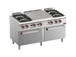 Fornuis 4 branders, centrale doorkookplaat, 2 gasovens GN 2/1