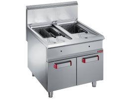 Gasfriteuse met 2 kuipen van 18 liter (2x 18 kW) op gesloten kast met draaideuren