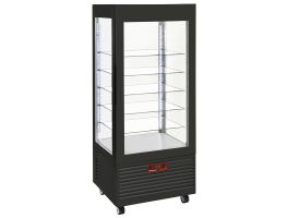 Vitrine 4 zijden T° negatief, 5 niveaus in glas, geventil, 480 Lit., ZWART