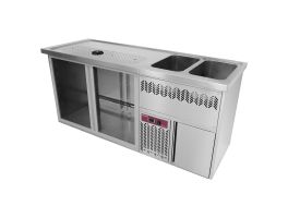 KBR/22D - Bar toonbank met 2 compartimenten, afdruiprek + rooster, 2 spoelbakken rechts DIAMOND