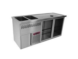 Bar toonbank met 2 compartimenten, afdruiprek + rooster, 2 spoelbakken links.