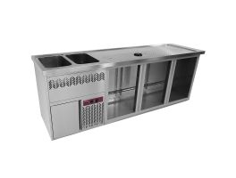 Bar toonbank met 3 compartimenten, afdruiprek + rooster, 2 spoelbakken links