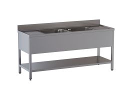 Spoeltafel met 2 kuipen en 2 afdruipbladen, met onderlegplank