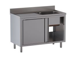 Spoeltafel 1 kuip 600×500×300, afdruipblad links, op kast met 2 schuifdeuren