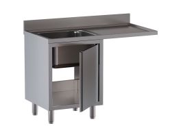 Spoeltafel met 1 kuip, druipvlak rechts, op kast met 1 draaideur en ruimte voor vaatwas