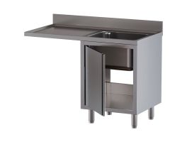 Spoeltafel met 1 kuip, druipvlak links, op kast met 1 draaideur en ruimte voor vaatwas