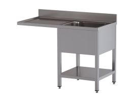 Spoeltafel met 1 kuip en 1 afdruipblad links, met onderlegplank en ruimte voor vaatwasser