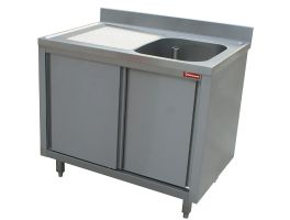 Spoeltafel 1 kuip 600x500xh275, links druipvlak op kast met 2 schuifdeuren