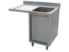 Spoeltafel met 1 kuip, druipvlak links, op kast met 1 draaideur en ruimte voor vaatwas