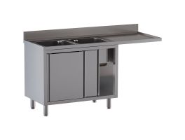 Spoeltafel met 2 kuipen 400x500x300, rechts druipvlak, op kast met 2 schuifdeuren en ruimte voor vaatwasser