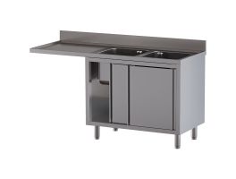 Spoeltafel met 2 kuipen 400×500×300, afdruipblad links, op kast met 2 schuifdeuren en ruimte voor vaatwasser
