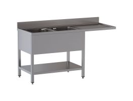 Spoeltafel met 2 kuipen en 1 afdruipblad rechts, met onderlegplank en ruimte voor vaatwasser
