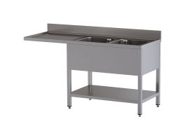 Spoeltafel met 2 kuipen  en 1 afdruipblad links, met onderlegplank en ruimte voor vaatwasser