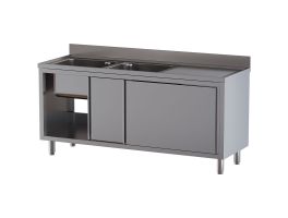 Spoeltafel 2 kuipen 500×500×300, afdruipblad rechts, op kast met 2 schuifdeuren