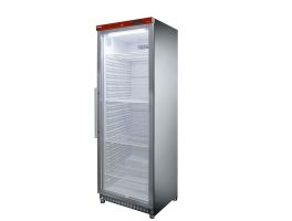 Koelkast geventileerd, glazen deur, 400 liter. R.V.S.