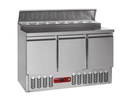 Gekoelde voorbereidingstafel 3 deuren GN 1/1, 340 Lit + koelstructuur 8x GN1/6-150 mm