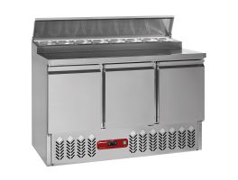 Gekoelde voorbereidingstafel 3 deuren GN 1/1, 340 Lit + koelstructuur 8x GN1/6-150 mm