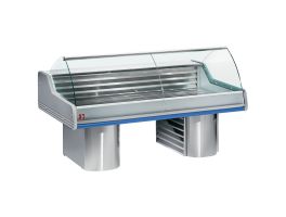 Gekoelde vitrine toonbank met gebogen ruit, op sokkels