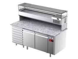 Geventileerde koeltafel voor pizza met 2 deuren en 7 lades en gekoelde vitrine 1800x380x410 en werkblad in graniet.