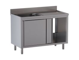 Spoeltafel 1 kuip 600×500×300, afdruipblad rechts, op kast met 2 schuifdeuren