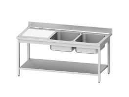 RVS spoeltafel ECO met 2 kuipen en links druipvlak, met onderblad