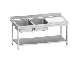 RVS spoeltafel ECO met 2 kuipen en rechts druipvlak, met onderblad