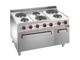 Elektrisch fornuis met 6 ronde platen, elektrische oven GN 2/1 en grill, met kast  GN 1/1