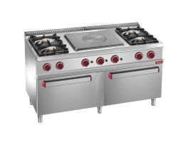 Fornuis 4 branders, centrale doorkookplaat, 2 gasovens GN 2/1