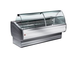 Gekoelde vitrinetoonbank gebogen ruit, geventileerd, met reserve