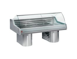 Gekoelde vitrine toonbank met gebogen ruit, op sokkels