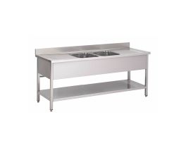 Gastro-Inox RVS spoelwerktafel met 2 spoelbakken midden en onderblad 1000(l)x600(d)x880(h)mm