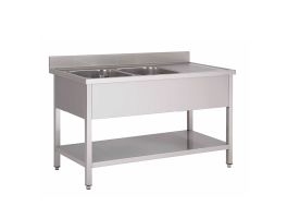 Gastro-Inox RVS spoelwerktafel met 2 spoelbakken links en onderblad 1600(l)x600(d)x880(h)mm