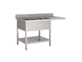 Gastro-Inox spoeltafel met 2 spoelbakken L, onderblad en ruimte voor vaatwasser, 1600(l)mm