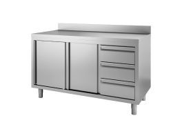 Gastro M werktafel met 3 laden rechts, schuifdeuren en achteropstand 88x140x60cm