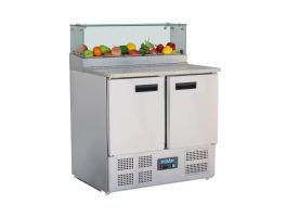 Polar G-serie 2-deurs pizza koelwerkbank met opzetkoelvitrine 256L