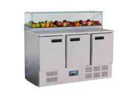 Polar G-serie 3-deurs pizza koelwerkbank met opzetvitrine 436L