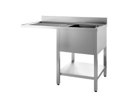 Gastro-M Spoeltafel met onderstel en onderblad mm 1200x 700x850 Met uitsparing voor VW, 1 bak rechts 500x500x320, dienblad links INOX