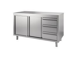 Gastro M RVS werktafel met schuifdeuren en 3 laden 88x150x70cm